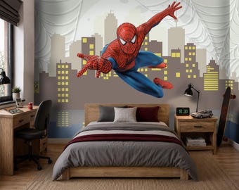 Spiderman Peel and Stick Wall Mural, Superhero City Skyline Wallpaper for Boys Room, Comic Book Wall Decor, Kids Bedroom Accent Wall