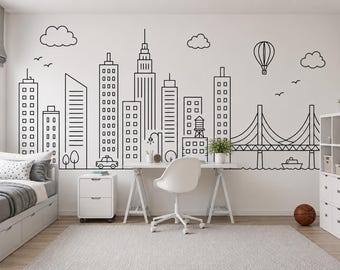 Minimalist City Skyline Wallpaper Peel and Stick, Black & White Line Art Wall Mural for Boys Room, Nursery Wallpaper, Kids Bedroom Decor