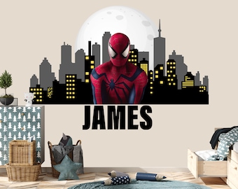 Spiderman with Name Wall Decal for Boys Bedroom - Superhero Sticker for Kid Playroom - Cityscape Décor Boy Room - Personalized Toy Box Decal