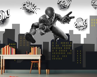 Spiderman Wallpaper, Superhero Wall Mural for Boys Room, Black and White Comic City Skyline, Kids Bedroom Peel and Stick Wallpaper