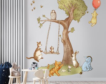 Classic Winnie the Pooh Wall Decal, Removable Kids Room Sticker, Peel and Stick Playroom Woodland Decor