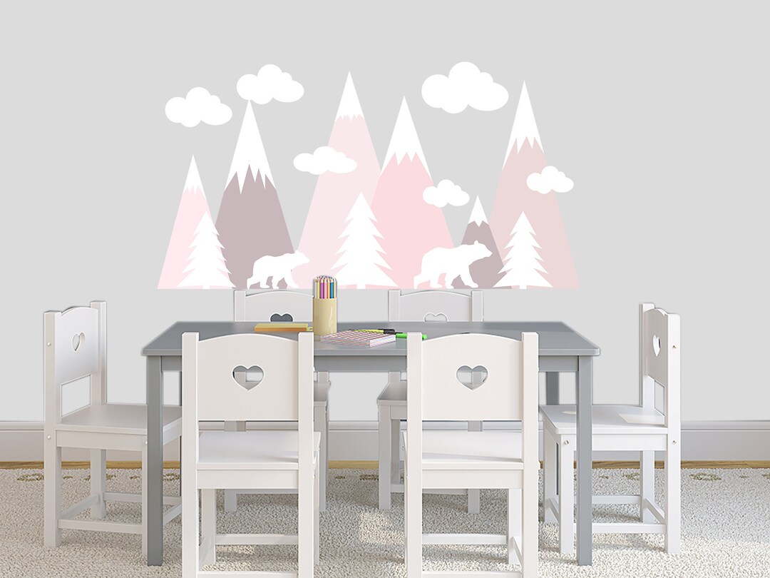 Mountain Wall Decal Girl Nursery Pine Trees and Bears Family - Etsy