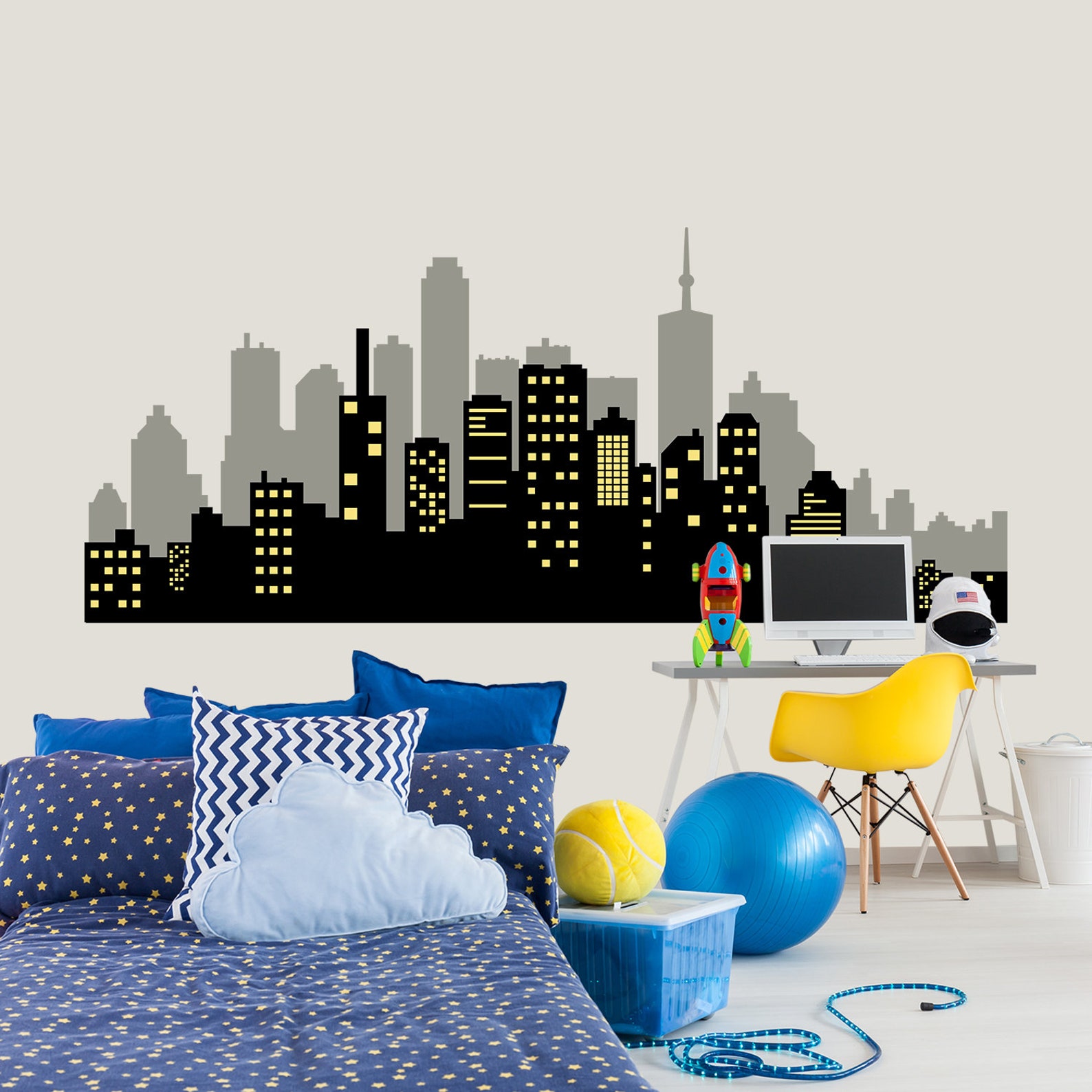 Night City Wall Decal Kids Room Superhero City Skyline Wall Etsy