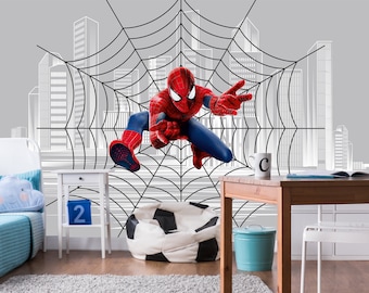 Spiderman Wallpaper Peel and Stick Teen Boys Room, Superhero Wall Mural Kids, Cityscape Wallpaper Toddler Playroom, Boy Nursery Wall Decor