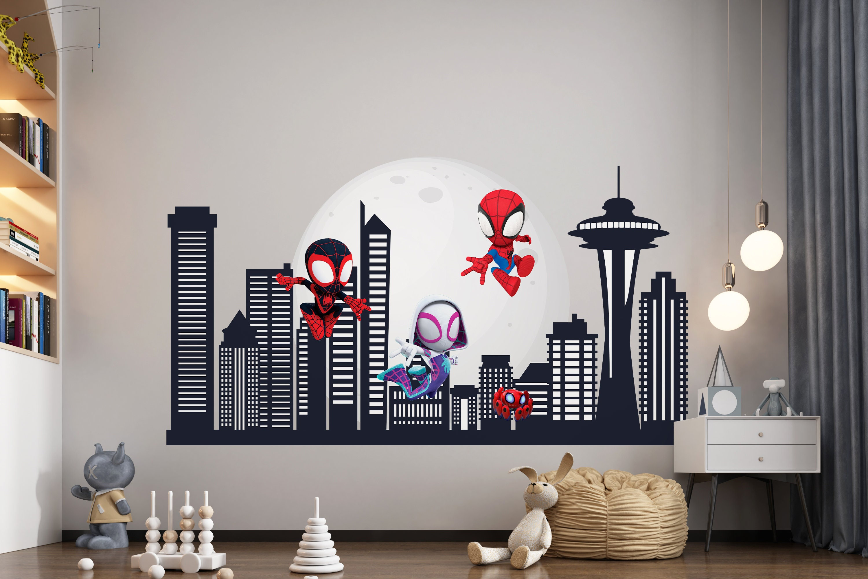 Spiderman Wall Sticker with City Skyline, Superhero Wall Decal for Kids Room, Peel and Stick For Toddler Boy Room, Cityscape Nursery Decal