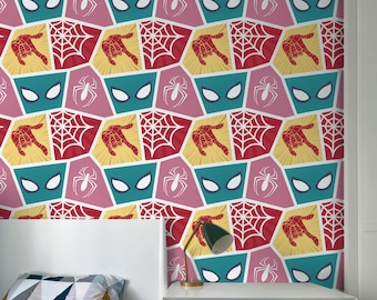 Spiderman Wallpaper, Comic Book Pattern Wallpaper, Spider Web Superhero Wallpaper, Boys Room Decor, Kids Bedroom Peel and Stick Wallpaper