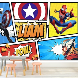 Custom Superhero Comic Wallpaper, Captain and SpiderMan Boy Room Wall Mural, Personalized Name Nursery Wall Decor Peel and Stick, Removable