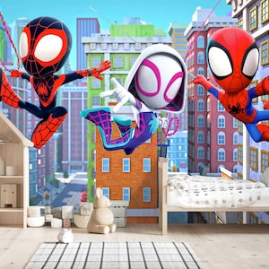 Spiderman Wallpaper for Kids Room, Superhero Peel and Stick Mural, Nursery Wall Decor, Spiderman with Friends Toddler Removable Wallpaper image 3