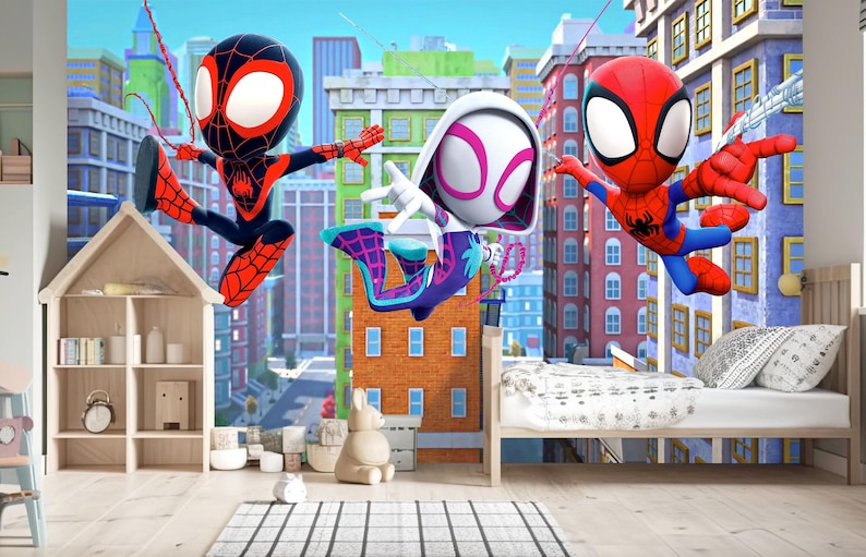 Spiderman Wallpaper for Kids Room, Superhero Peel and Stick Mural, Nursery Wall Decor, Spiderman with Friends Toddler Removable Wallpaper image 3