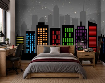 Comic City Skyline Wall Mural for Boys Room, Colorful Building Peel and Stick Wallpaper, Modern Teen Bedroom Accent Wall Decor