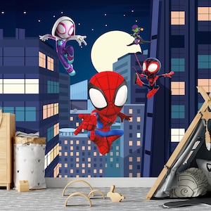 Kids Spiderman Wallpaper, Peel and Stick Wall Decor, Superhero Mural For Nursery, Spiderman With Friends Room Decor, Wallpaper for Toddler