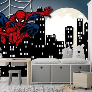 Spiderman Wallpaper Peel and Stick for Boys, Comics Avengers Teen Room, Vinyl Wall Art Decor Kids Playroom, Night Cityscape Mural Toddler