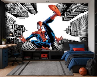 Spiderman Wallpaper Teen Boys Room, Cityscape Wallpaper Toddler Playroom, Superhero Peel and Stick Wall Mural Kids, Boy Nursery Wall Decor