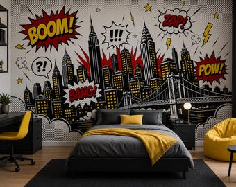 Comic City Skyline Wall Mural, Superhero Pop Art Peel and Stick Wallpaper for Boys Room, Comic Book Bedroom Decor, Removable Kids Wall Mural