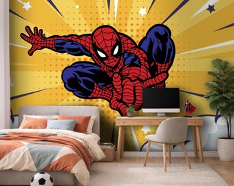 Comic Superhero Wall Mural for Boys Room, Spiderman Peel and Stick Wallpaper, Pop Art Action Wall Decor for Kids Bedroom or Playroom