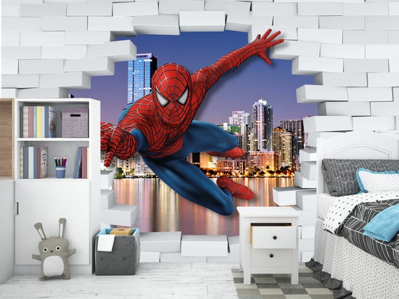 Wallpaper Toddler Spiderman Décor Murals - Peel Superhero for Kids and Bedroom Etsy for Room Boy\'s Stick 3D Spiderman Wall Wall Boy Playroom