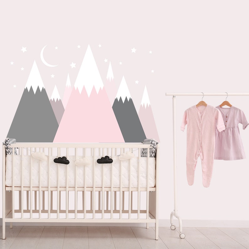 Pink Mountain Wall Decal Above Bed Bedroom Mountains Stars Etsy