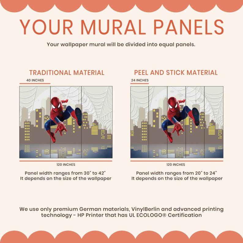 The image is a promotional poster for wall mural panels. It features two different types of panels: traditional material panels and peel and stick material panels. The text on the poster indicates that the wall mural will be divided into equal panels, and it highlights the use of premium German materials, such as vinyl and advanced printing technology, for the panels.