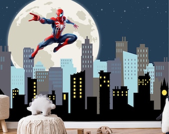 Spiderman Wall Mural for Boy Room, Superhero Peel and Stick Kids Wallpaper, Nursery Wall Decor, Cityscape Self Adhesive Toddler For Playroom