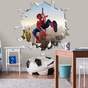 SpiderMan 3D Wall Decal New York Skyline, Superhero Wall Sticker, Boys Bedroom Wall Decor, Peel and Stick Wall Mural, Removable Gift