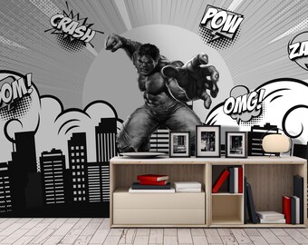 Hulk Wall Mural, Superhero Wallpaper for Boys Room, Comic Book Wallpaper, Black and White City Mural, Kids Bedroom Wall Decor