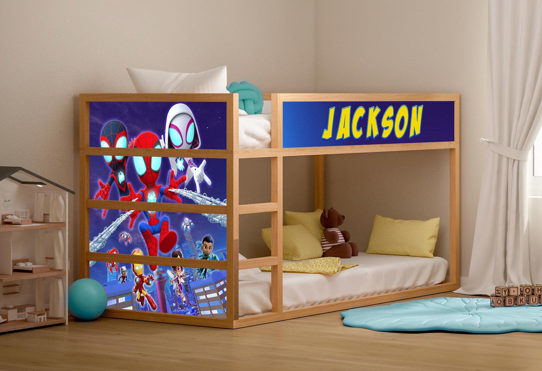 Etiqueta engomada de la cama Spidey del nombre personalizado, calcomanías de la cama Ikea Kura del niño personalizado del superhéroe, decoración de la cáscara y del palo de la habitación de los niños, calcomanía de la tienda Spiderman Kura