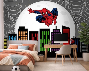 Spiderman Moon City Wall Mural for Boys Room, Superhero Peel and Stick Wallpaper, Cityscape Nursery Decor, Skyline Kids Bedroom Accent Wall