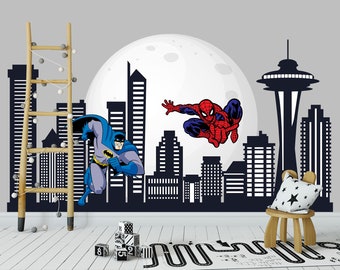 Superhero Teen Room Wall Decal. Spiderman Wall Sticker Boys Bedroom. City Skyline Decor Toddler Playroom. Cityscape Kids Decals. Boy Gifts