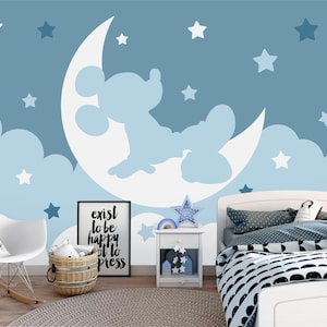 Light Blue Mickey Mouse Boy Wallpaper, Night Mickey On The Moon, Kids Room Nursery Wall Paper, Clouds and Stars Peel and Stick Wall Mural