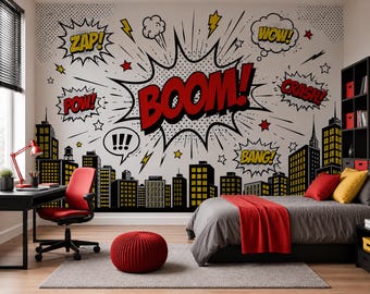 Comic Book Wall Mural for Boys Room, Superhero Pop Art Wallpaper, BOOM Comic Peel and Stick Wallpaper, Teen Bedroom Accent Wall Decor