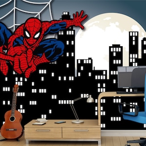 Carta da parati adesiva Spiderman per ragazzi, per la cameretta dei ragazzi dei fumetti Avengers, decorazione da parete in vinile per la sala giochi dei bambini, murale con paesaggio urbano notturno per bambini piccoli