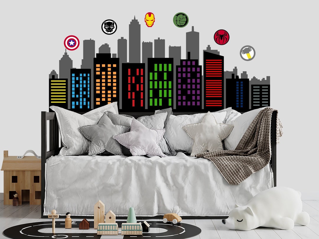 Superhero Wall Decal Boy Bedroom Town Wall Decal Kids Room Superhero