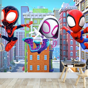 Spiderman Wallpaper for Kids Room, Superhero Peel and Stick Mural, Nursery Wall Decor, Spiderman with Friends Toddler Removable Wallpaper image 1