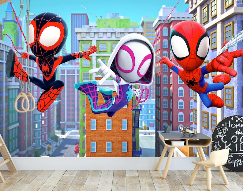 Spiderman Wallpaper for Kids Room, Superhero Peel and Stick Mural, Nursery Wall Decor, Spiderman with Friends Toddler Removable Wallpaper image 1