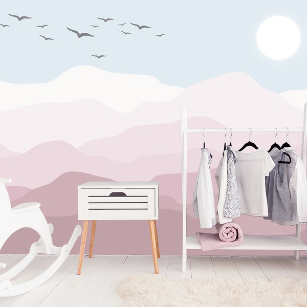 Mountains Wallpaper Peel and Stick for Girls Bedroom, Landscape Wallpaper Removable Baby Nursery, Pastel Pink Wall Mural Kids Playroom Room