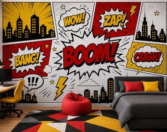 Comic Book Wall Mural for Boys Room, BOOM Pop Art Wallpaper, Superhero Peel and Stick Wallpaper, Teen Bedroom Comic Accent Wall