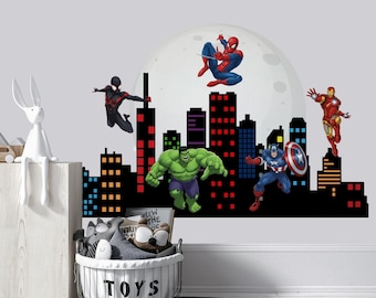 Superhero Wandtattoo Jungen Kinderzimmer, Spiderman Dekor Kleinkind Schlafzimmer, Stadtansicht Kinderzimmer Aufkleber, Stadtansicht Vinyl Dekoration für Spielzimmer