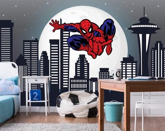 Spiderman Wallpaper Peel and Stick for Kids Room, Superhero Wall Decor Boys Bedroom, Avengers Night Cityscape Art Mural Toddler Playroom