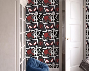 Spiderman Wallpaper, Black Red Spider Web Wallpaper, Superhero Comic Pattern, Boys Room Wallpaper, Kids Bedroom Peel and Stick Decor