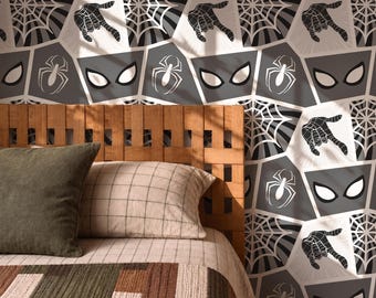 Spiderman Wallpaper, Black and White Spider Web Wallpaper, Comic Book Pattern, Superhero Wallpaper for Boys Room, Kids Bedroom Decor