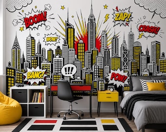 Comic City Skyline Wallpaper Peel and Stick, Superhero Pop Art Wall Mural for Boys Room, Boom Comic Accent Wall, Kids & Teen Bedroom Decor