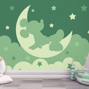 Mickey Mouse on Moon Wallpaper, Green Nursery Mickey Wall paper for Boys Room, Peel and Stick Wall Mural, Baby Room Wall Mural, Starry Night