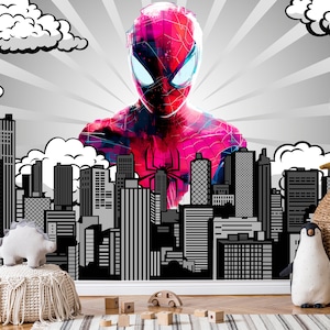 Spiderman Cityscape Wallpaper, Peel and Stick Boy Room Mural, Wall Art Decor For Nursery, Superheroes Wall paper For Kids, Toddler Playroom
