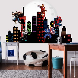 Superhero Wall Sticker Boys Bedroom - City Skyline Art Decor Toddler Playroom - Cityscape Kids Decals. Spiderman Decorations for Teen Room