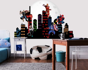 Superhero Wall Sticker Boys Bedroom - City Skyline Art Decor Toddler Playroom - Cityscape Kids Decals. Spiderman Decorations for Teen Room