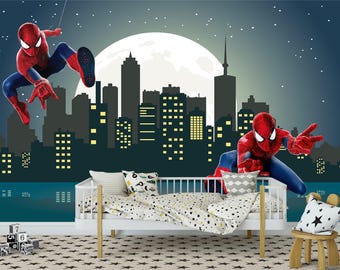 Spiderman Wall Mural for Toddler Room, Boy's Bedroom Peel and Stick Superhero Wallpaper, Night Cityscape Wall Art, Children's Playroom Decor