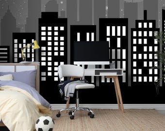 Modern Black City Skyline Wall Mural, Monochrome Peel and Stick Wallpaper for Teen Bedroom, Minimalist Urban Accent Wall Decor