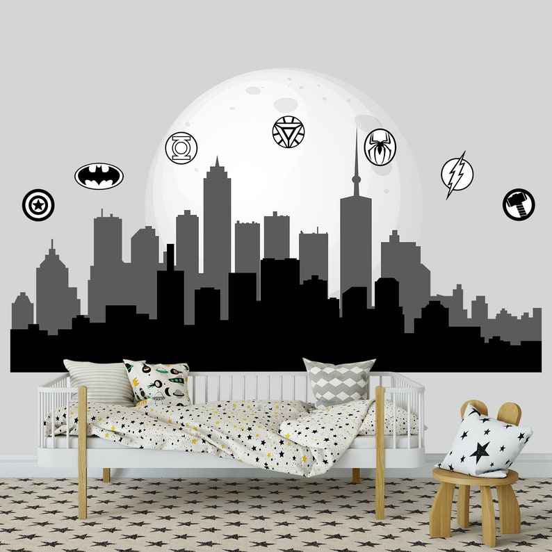 Superhero Wall Decal Boys Room. Cityscape Art Stickers Etsy