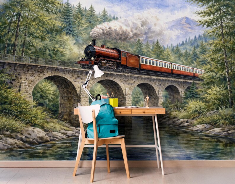 Vintage Train Wallpaper Mural for Boys Room, Locomotive Peel and Stick ...