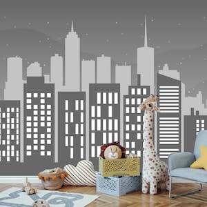 Superhero Night City Wallpaper Boy Nursery, Teen Boy Bedroom Mural, City Scape Wall Kids Playroom, Skyline Décor for Toddler Room